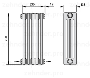Схема (чертеж) Радиатор Zehnder Charleston 4075/5 №2670 Белый глянцевый RAL 9016